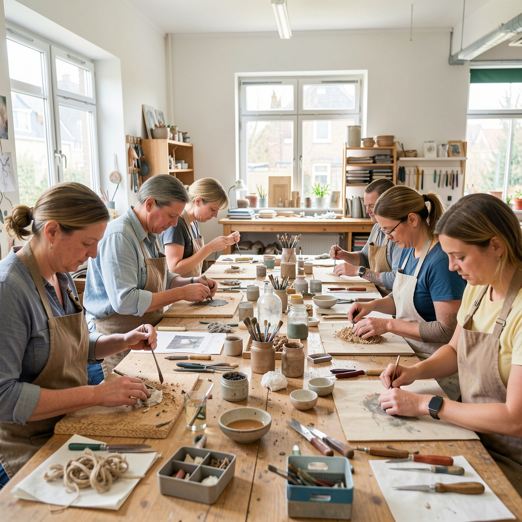 Kreativ workshop med deltakere som lærer nye håndverksteknikker